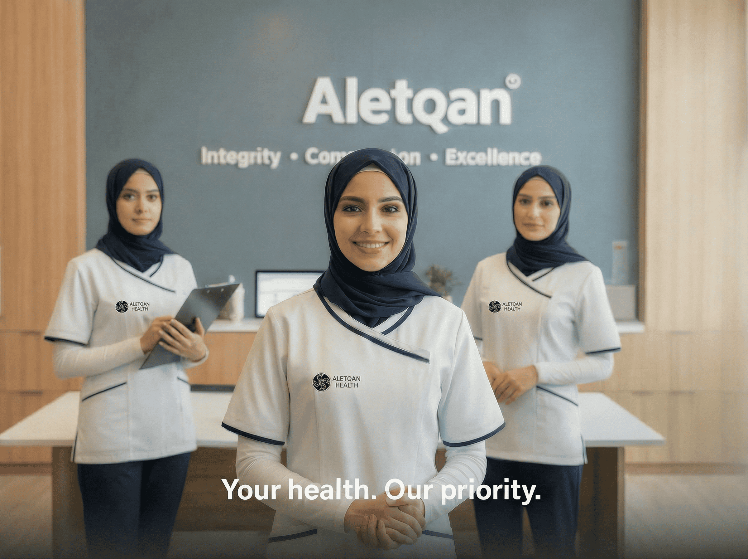Smiling Aletqan Health team at the reception desk, representing integrity, compassion, and excellence