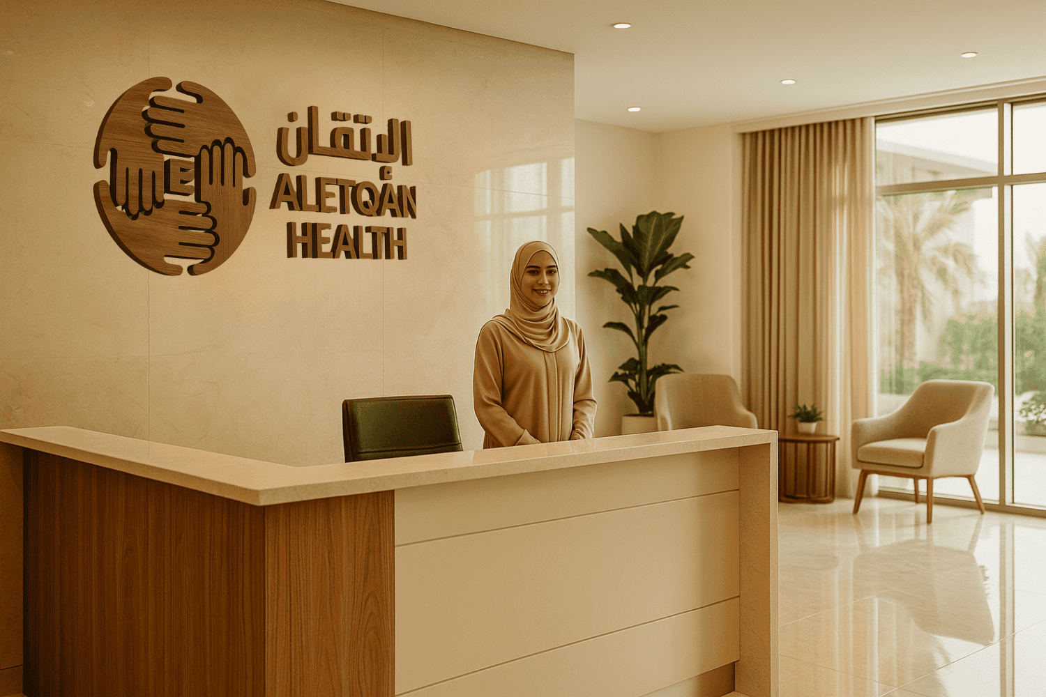 Aletqan Health receptionist standing behind a modern wooden front desk with logo and bright interior