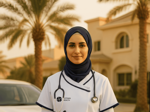 Aletqan Health nurse standing confidently outdoors in front of a car and villa, ready for home visits in Saudi Arabia