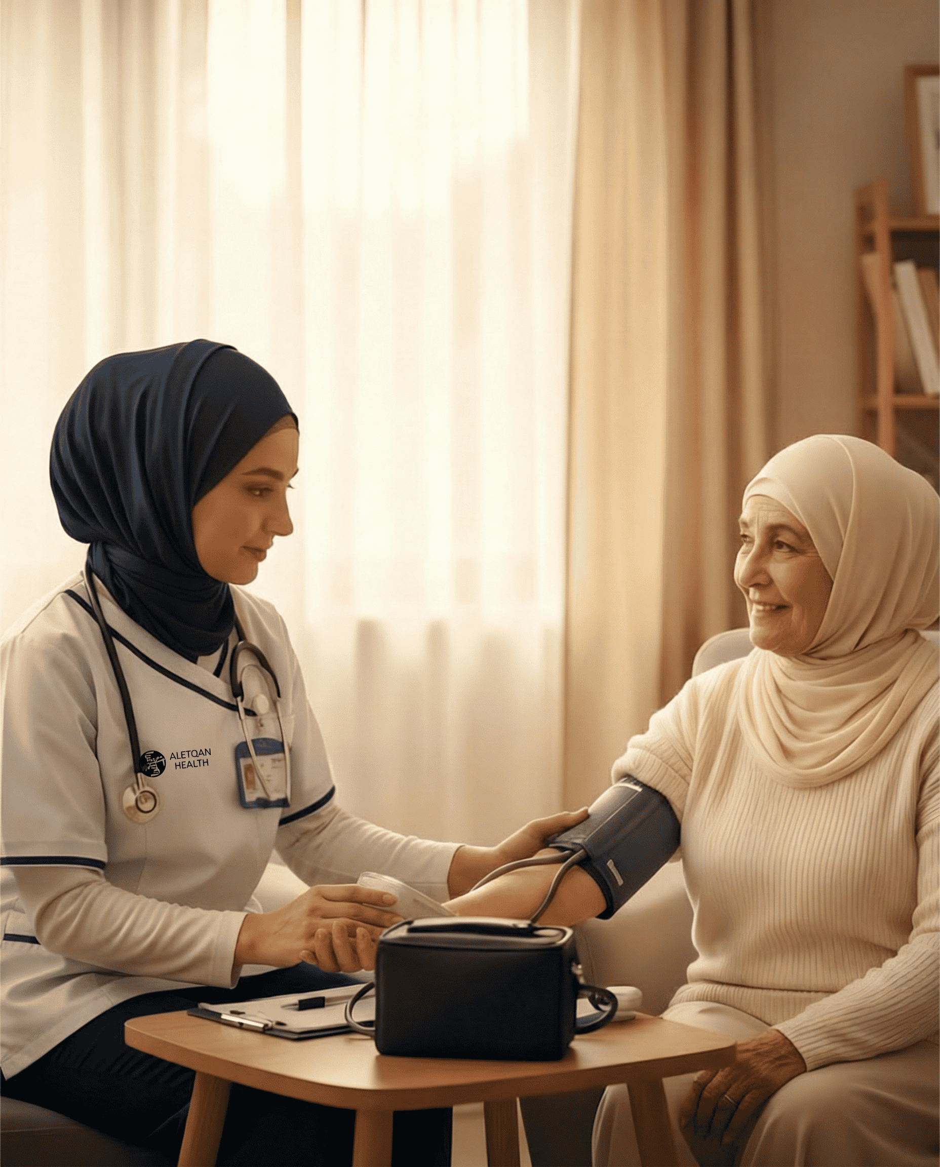 Nurse providing home care and checking blood pressure of an elderly woman in a warm, comfortable setting