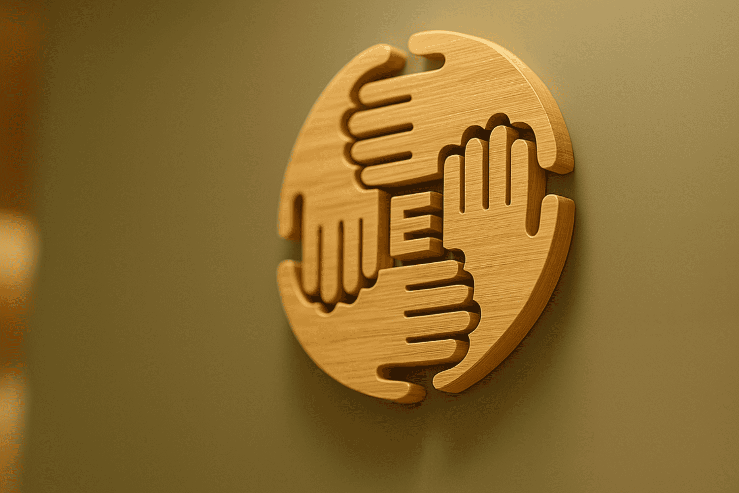 Close-up of the wooden Aletqan Health logo symbolizing unity and care on an olive-green wall