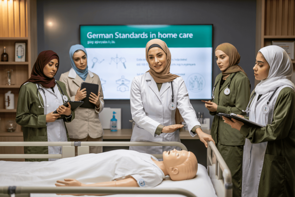 Aletqan Health trainers demonstrating home care techniques according to German standards in a medical classroom